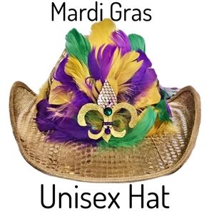 Unisex GoldCowboy/Cowgirl Hat With Mardi Gras Feathers Mardi Gras Party Hat